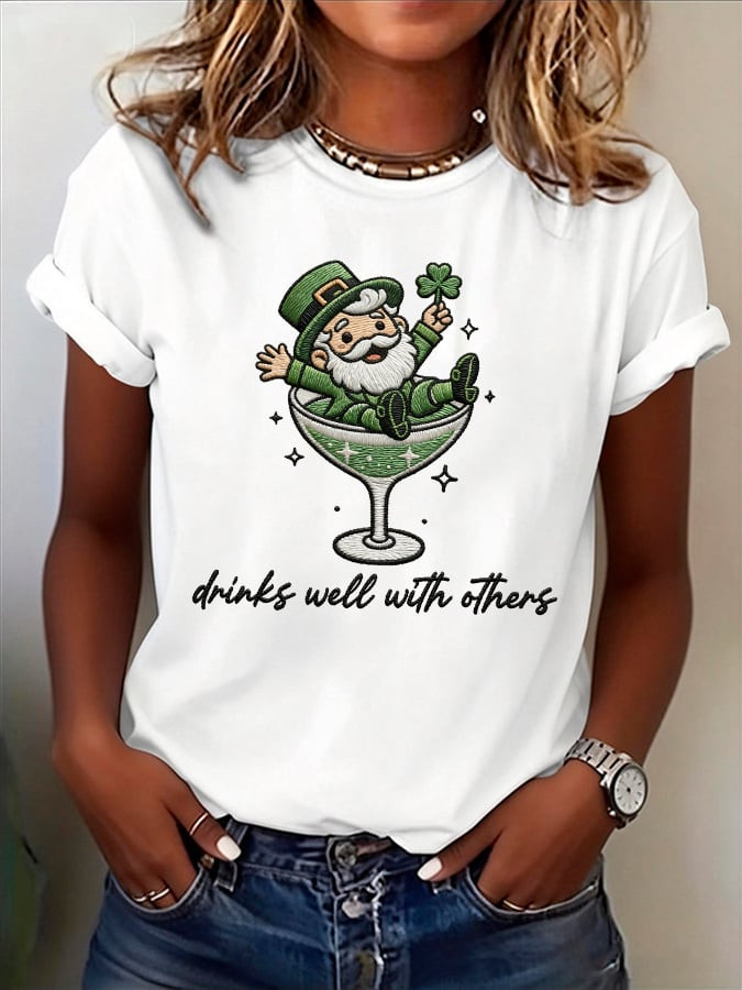 St Patrick's Day Drinks Well With Others T Shirt Leprechaun Martini Cocktail Shirt Irish Tee Gift - Image 2