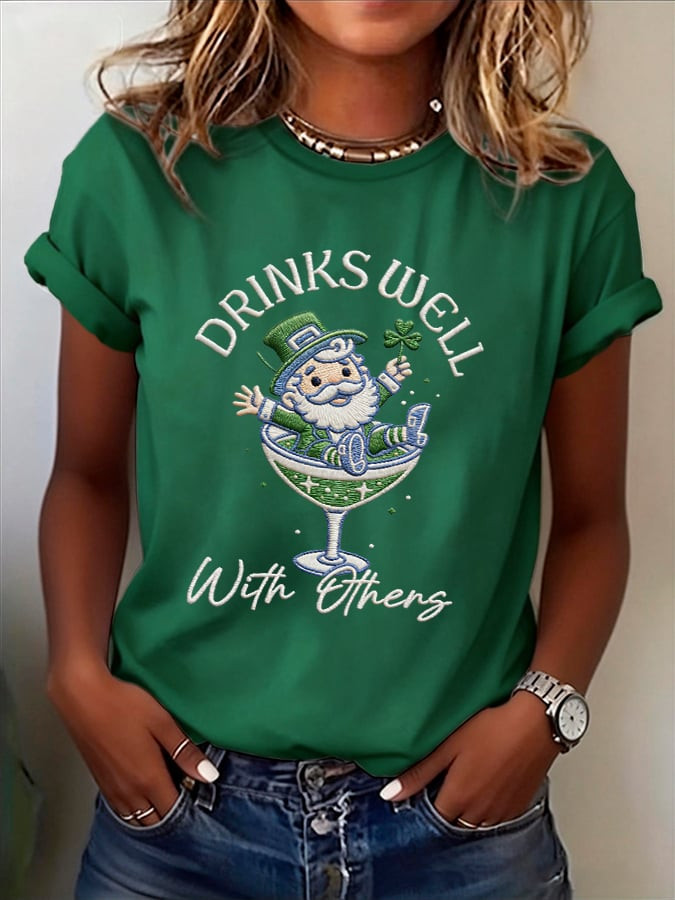 St Patrick's Day Drinks Well With Others T Shirt Leprechaun Martini Cocktail Shirt Irish Tee Gift