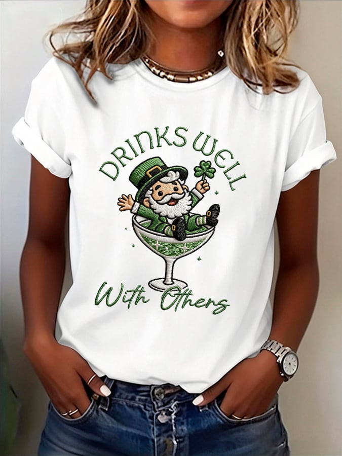 St Patrick's Day Drinks Well With Others T Shirt Leprechaun Martini Cocktail Shirt Irish Tee Gift - Image 2