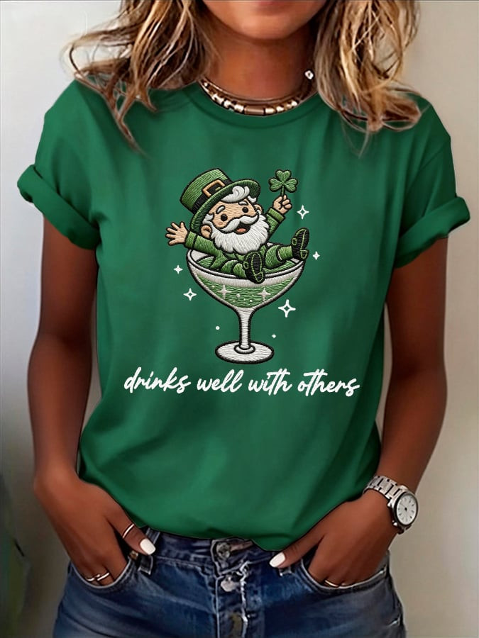 St Patrick's Day Drinks Well With Others T Shirt Leprechaun Martini Cocktail Shirt Irish Tee Gift