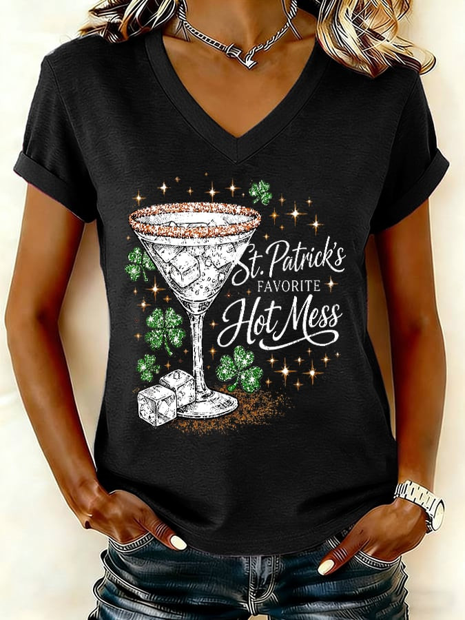 St Patrick's Day Favorite Hot Mess Cocktail V-Neck T-Shirt Sparkly Irish Party Gift