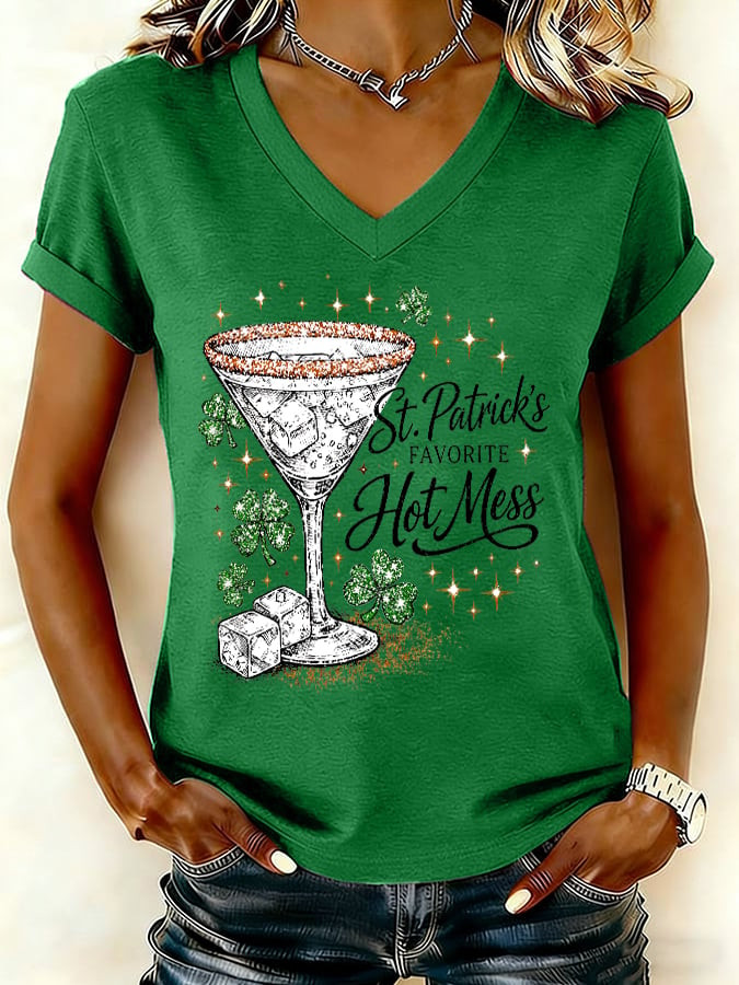 St Patrick's Day Favorite Hot Mess Cocktail V-Neck T-Shirt Sparkly Irish Party Gift - Image 2