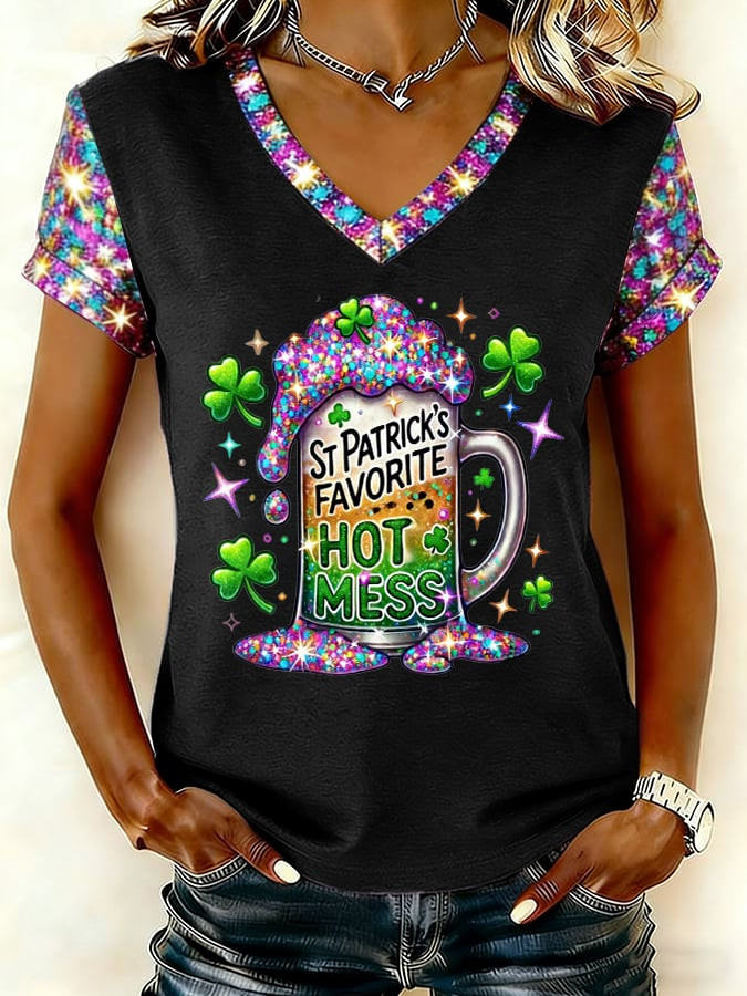 St Patrick's Day Favorite Hot Mess V-Neck T-Shirt Funny Glitter Shamrock Gift