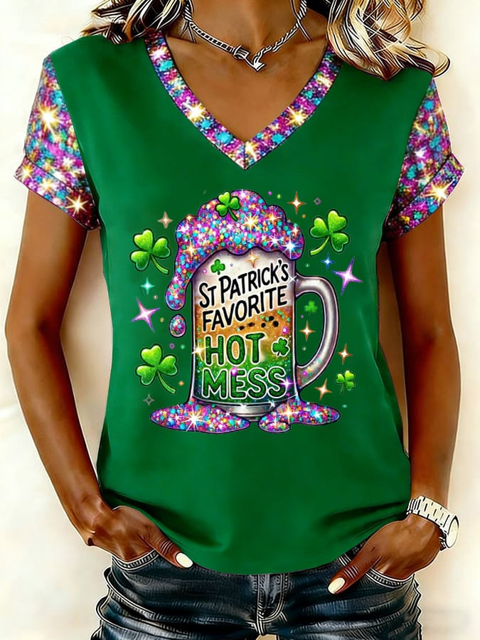 St Patrick's Day Favorite Hot Mess V-Neck T-Shirt Funny Glitter Shamrock Gift - Image 2