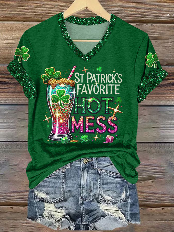 St Patrick's Day Favorite Hot Mess V-Neck T-Shirt Glitter Shamrock Party Gift - Image 2