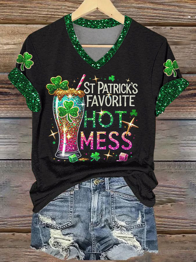 St Patrick's Day Favorite Hot Mess V-Neck T-Shirt Glitter Shamrock Party Gift
