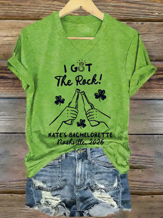 St Patrick's Day I Got The Rock V-Neck T-Shirt Funny St Patrick's Day Shamrock Shirt - Image 2