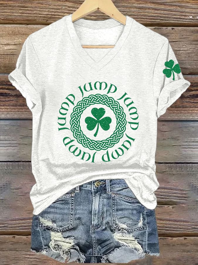 St Patrick's Day Jump Jump Shamrock V-Neck T-Shirt Fun Lucky Irish Gift - Image 2