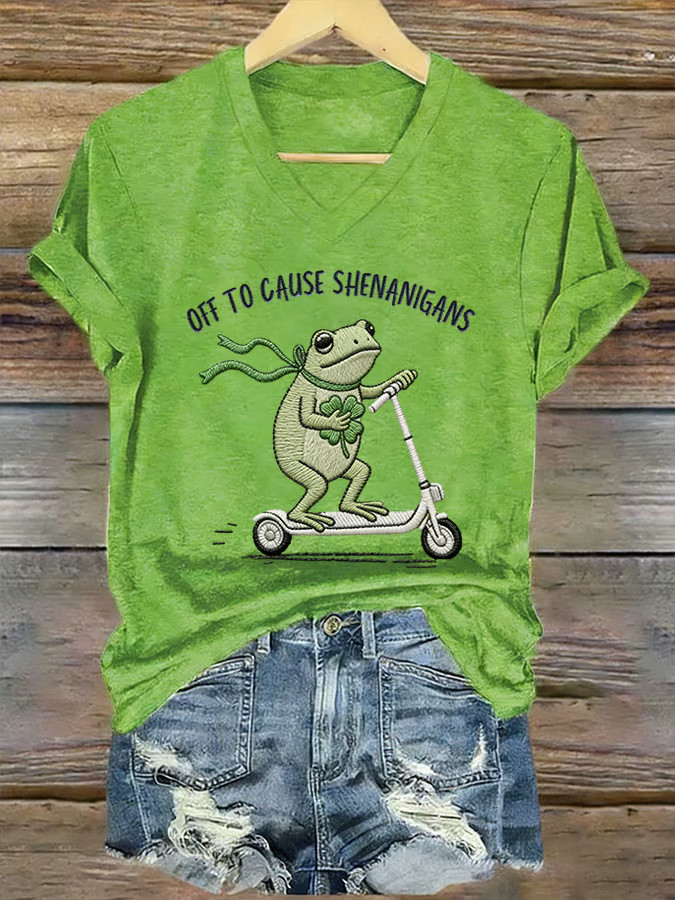 St Patrick's Day Off To Cause Shenanigans Frog V-Neck T-Shirt Cute Shamrock Fun Gift - Image 2