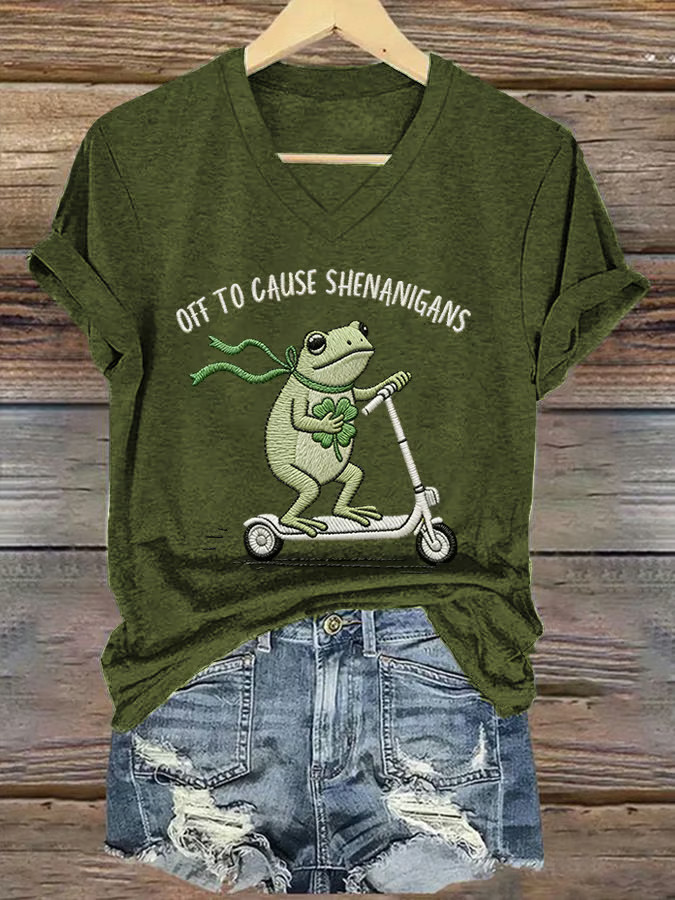 St Patrick's Day Off To Cause Shenanigans Frog V-Neck T-Shirt Cute Shamrock Fun Gift