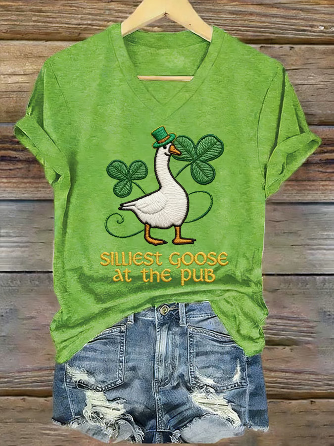 St Patrick's Day Silliest Goose At The Pub V-Neck T-Shirt Funny Shamrock Gift - Image 2