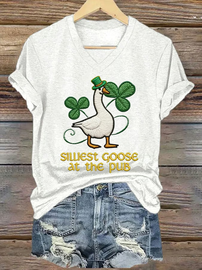 St Patrick's Day Silliest Goose At The Pub V-Neck T-Shirt Funny Shamrock Gift