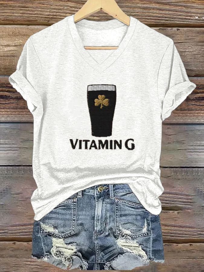St Patrick's Day Vitamin G Beer Shamrock V-Neck T-Shirt Irish Gifts for Family - Image 2