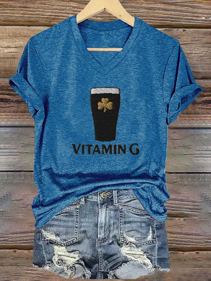 St Patrick's Day Vitamin G Beer Shamrock V-Neck T-Shirt Irish Gifts for Family