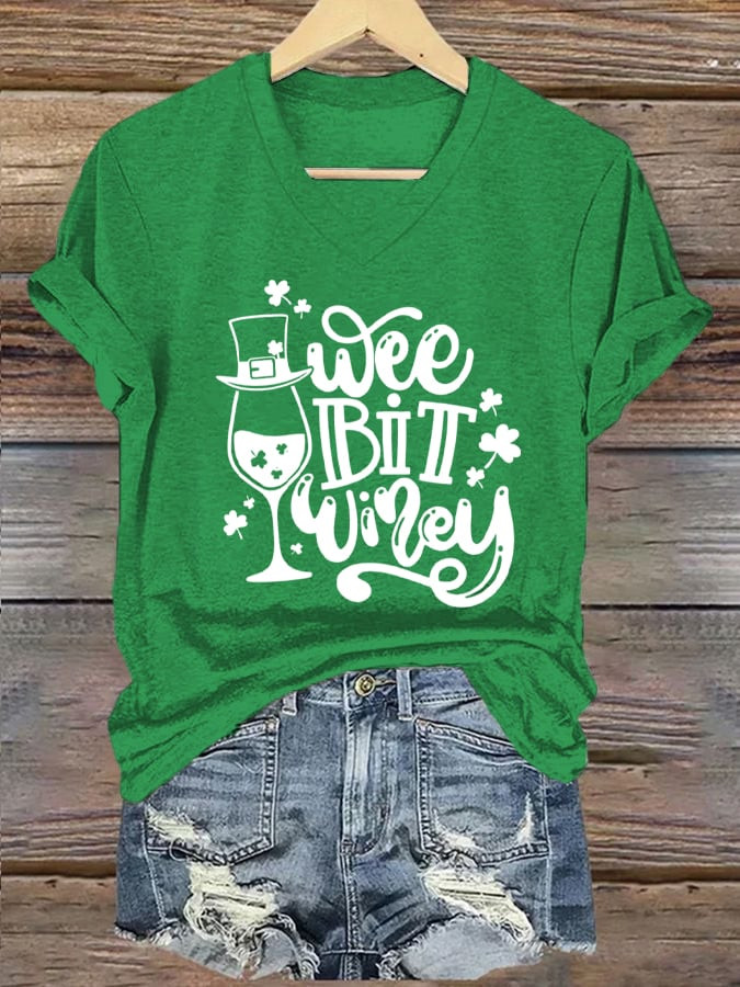 St Patrick's Day Wee Bit Winey Irish V-Neck T-Shirt Lucky St Patrick's Day Gifts - Image 2