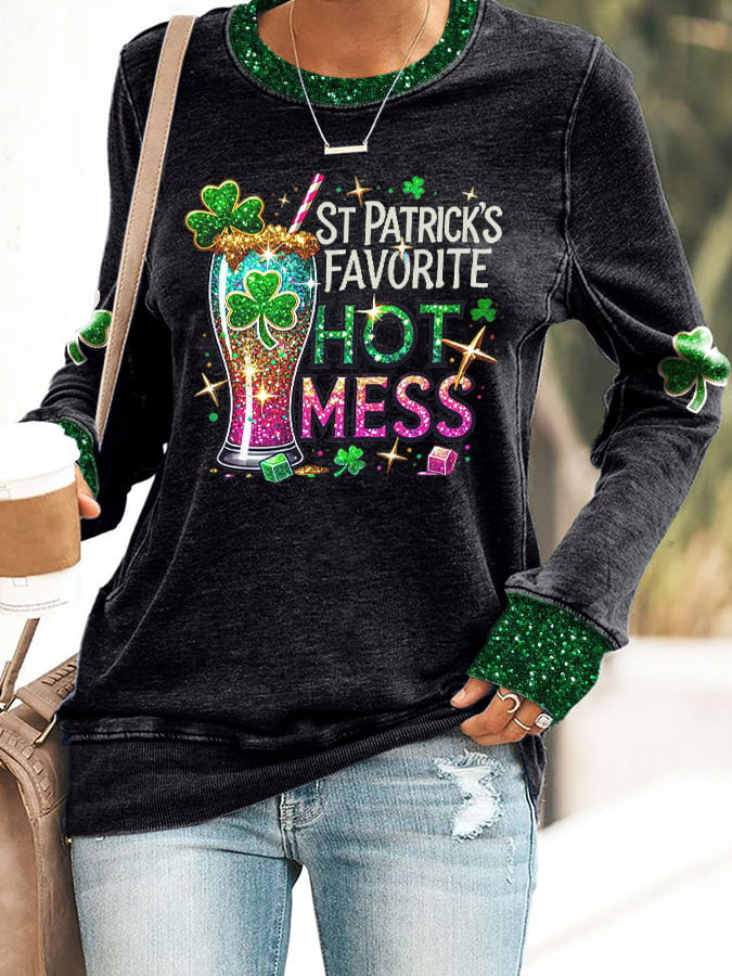 St Patrick's Favorite Hot Mess Sweatshirt Irish Beer St Patricks Clothes St Pattys Day Gifts - Image 2