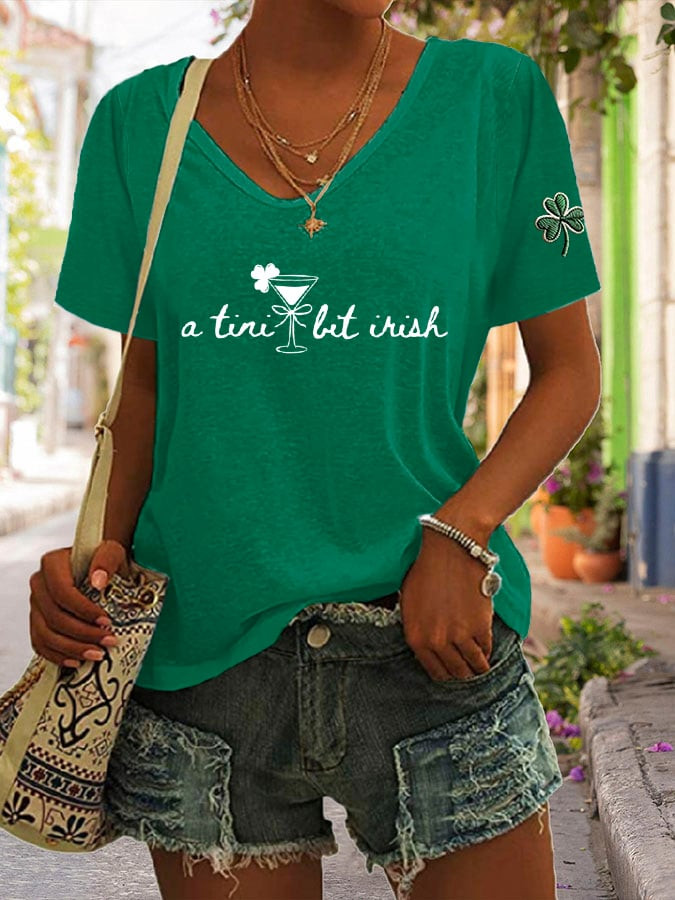 St Patrick's Festival Day A Tiny Bit Irish V-Neck T-Shirt Simple Lucky Irish Gift - Image 2