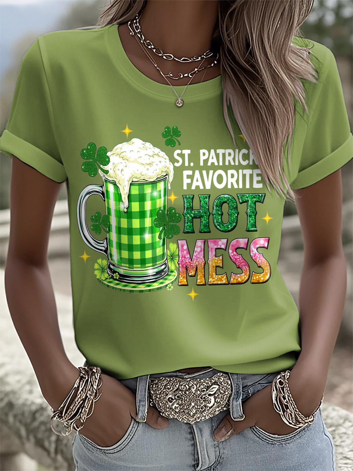 St Patrick's Hot Mess Shirt Funny Glitter Shamrock Beer T Shirt Lucky Green Irish Tee Gift - Image 2