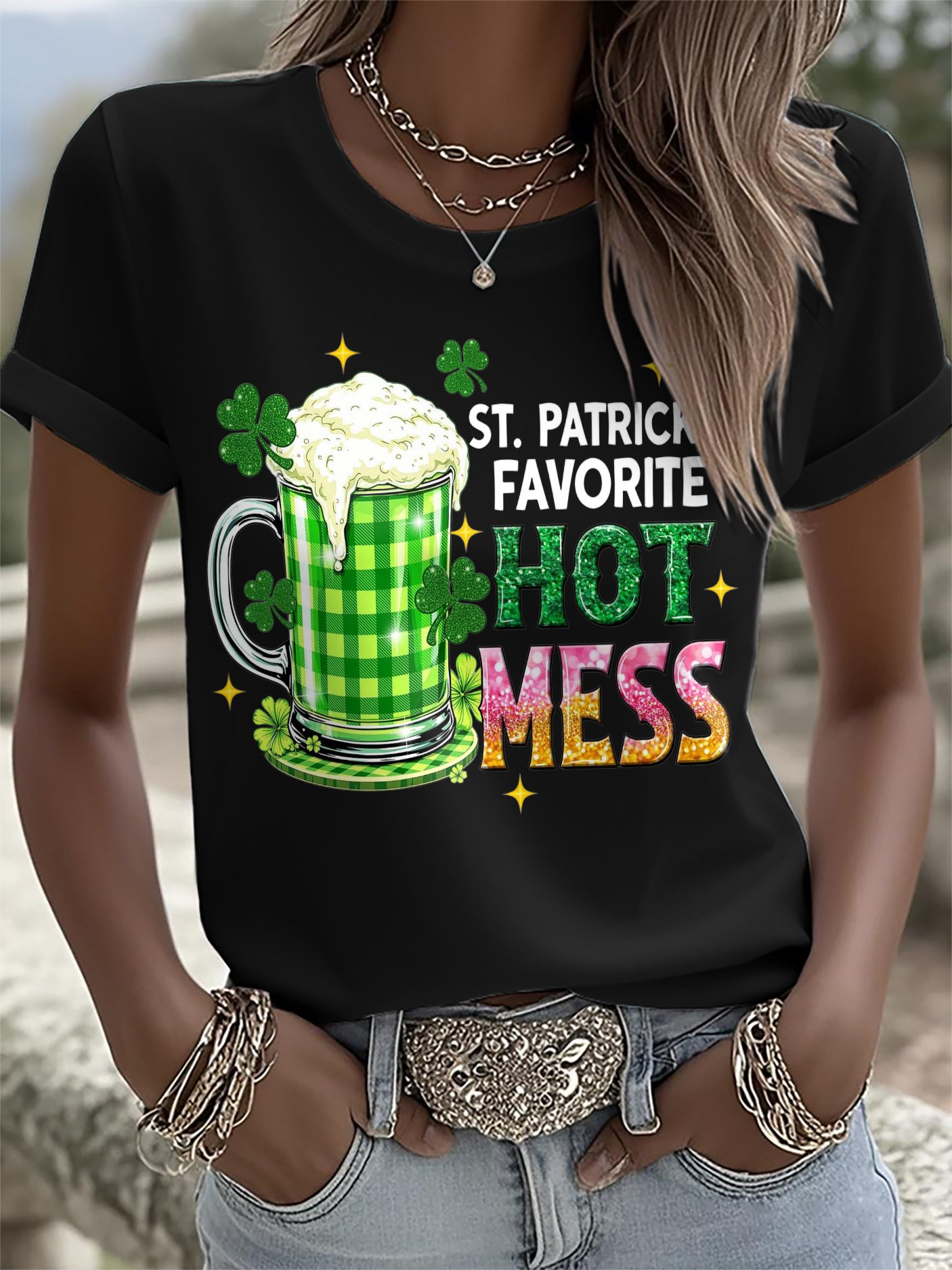 St Patrick's Hot Mess Shirt Funny Glitter Shamrock Beer T Shirt Lucky Green Irish Tee Gift