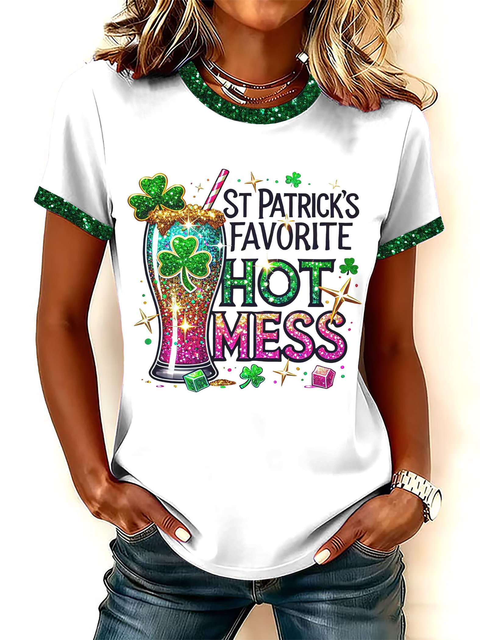 St Patrick's Hot Mess Shirt Funny Glitter Shamrock Beer T Shirt St Patty'S Day Gift Ideas