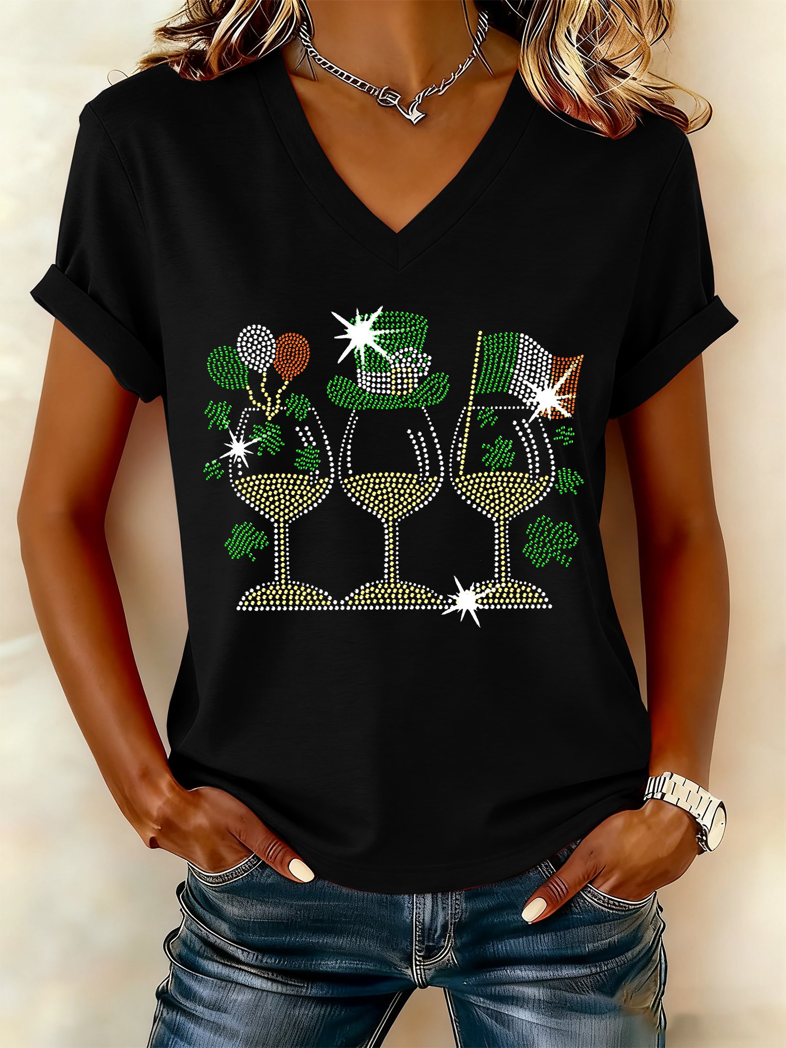 St Patty's Day Sparkly Shamrock Wine V-Neck T-Shirt Cute St Patrick's Day Gifts