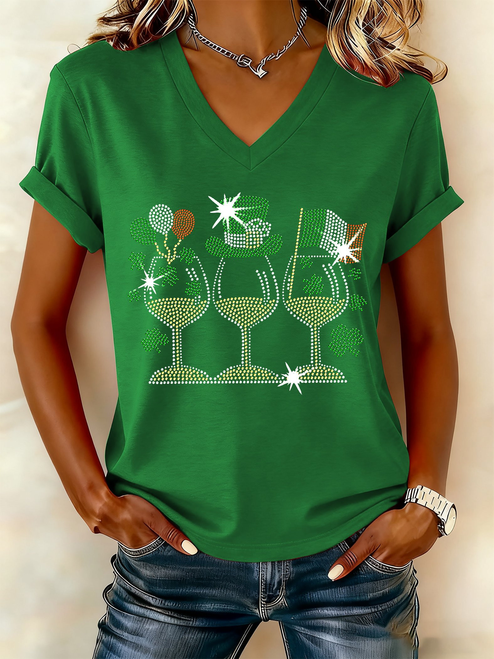 St Patty's Day Sparkly Shamrock Wine V-Neck T-Shirt Cute St Patrick's Day Gifts - Image 2