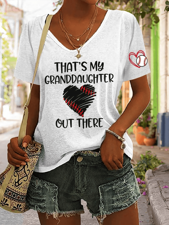 That's My Granddaughter Out There Baseball Print V Neck T-shirt Game Day Apparel Women's Gifts - Image 4