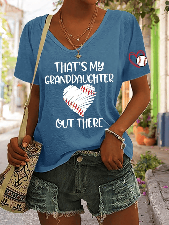 That's My Granddaughter Out There Baseball Print V Neck T-shirt Game Day Apparel Women's Gifts - Image 2