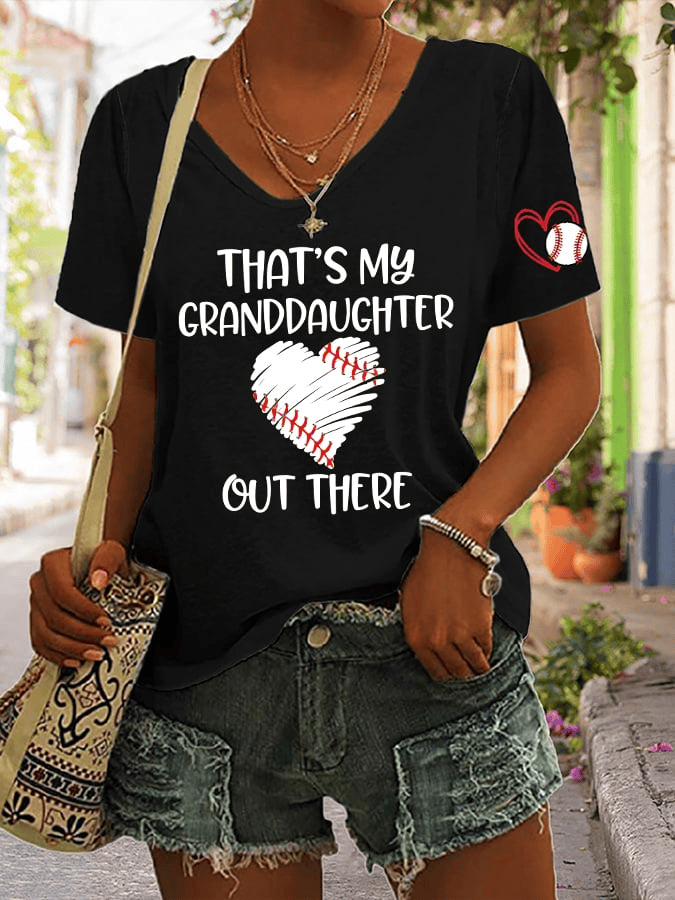That's My Granddaughter Out There Baseball Print V Neck T-shirt Game Day Apparel Women's Gifts