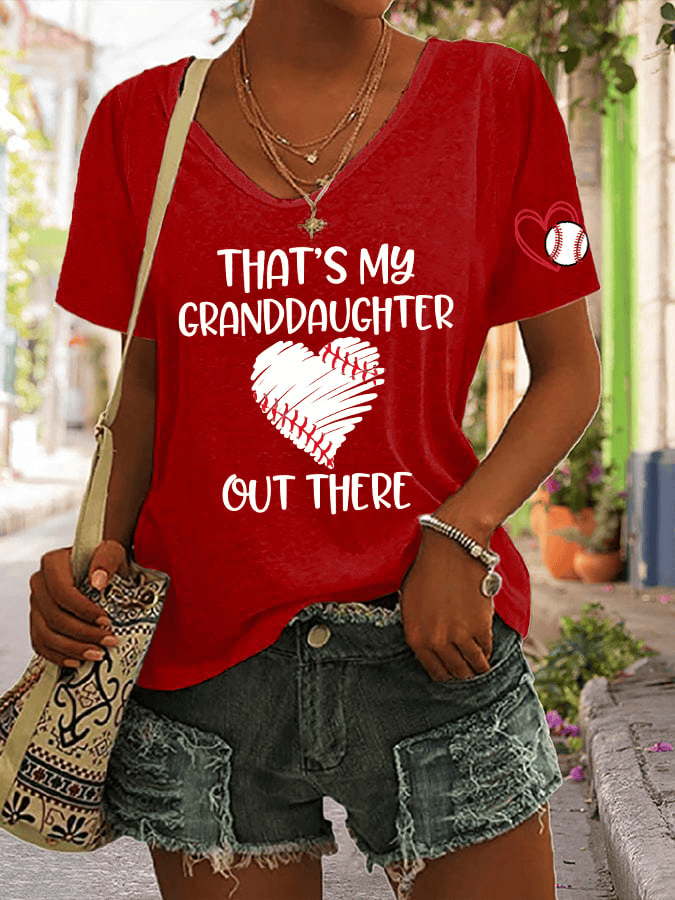 That's My Granddaughter Out There Baseball Print V Neck T-shirt Game Day Apparel Women's Gifts - Image 3