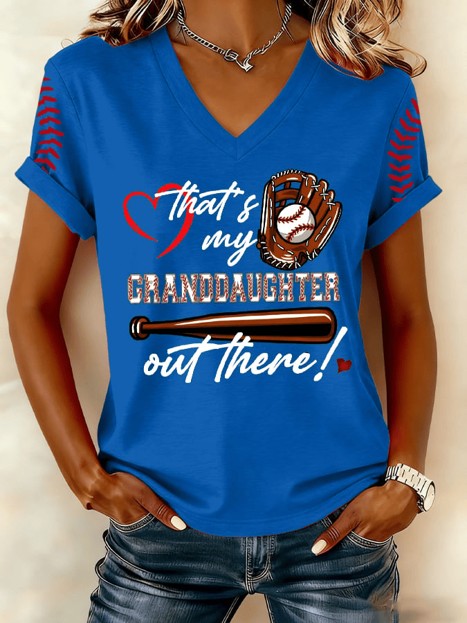 That's My Granddaughter Out There Baseball V-Neck T-shirt Game Day Merch Gifts For Her Baseball Lover - Image 4