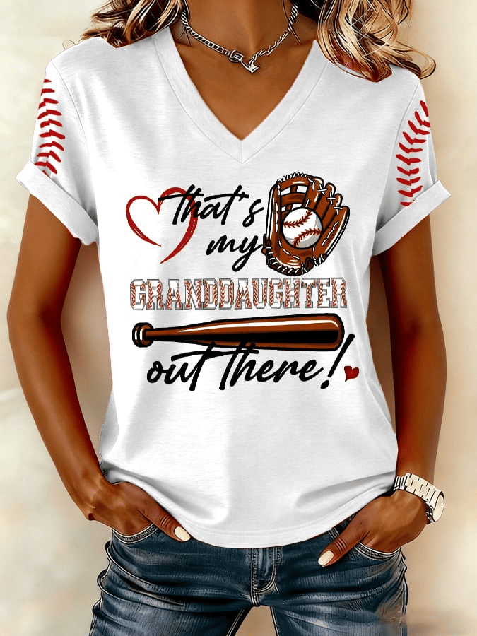 That's My Granddaughter Out There Baseball V-Neck T-shirt Game Day Merch Gifts For Her Baseball Lover - Image 3