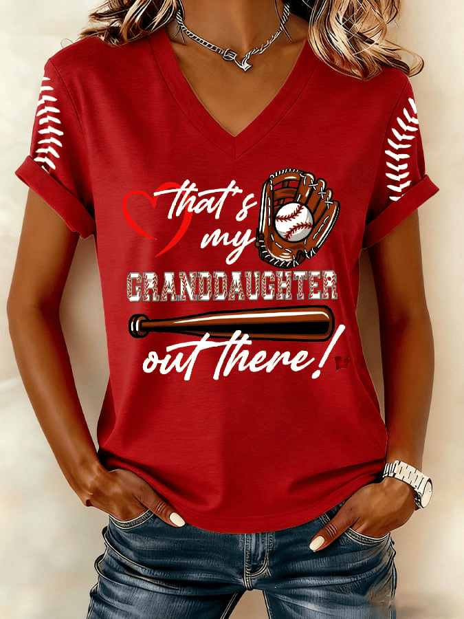 That's My Granddaughter Out There Baseball V-Neck T-shirt Game Day Merch Gifts For Her Baseball Lover - Image 2