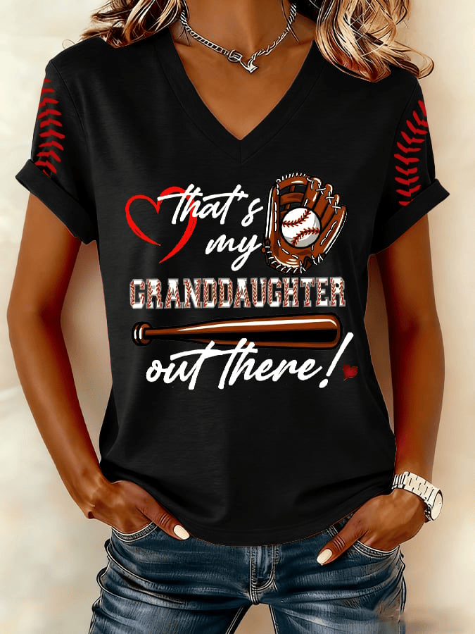 That's My Granddaughter Out There Baseball V-Neck T-shirt Game Day Merch Gifts For Her Baseball Lover