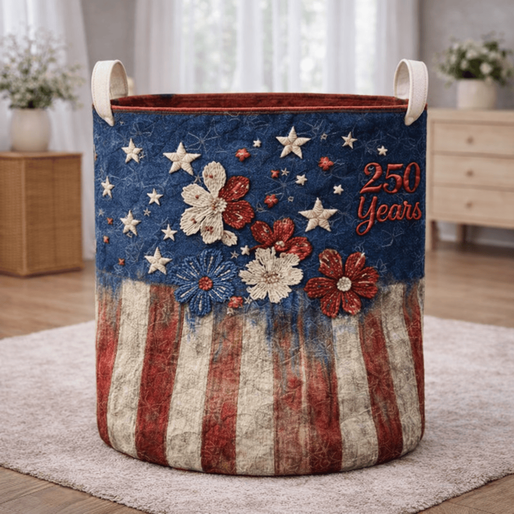 250 Years Floral Flag Quilted Laundry Basket Patriotic American Flag Flower Hamper - Tradiviet