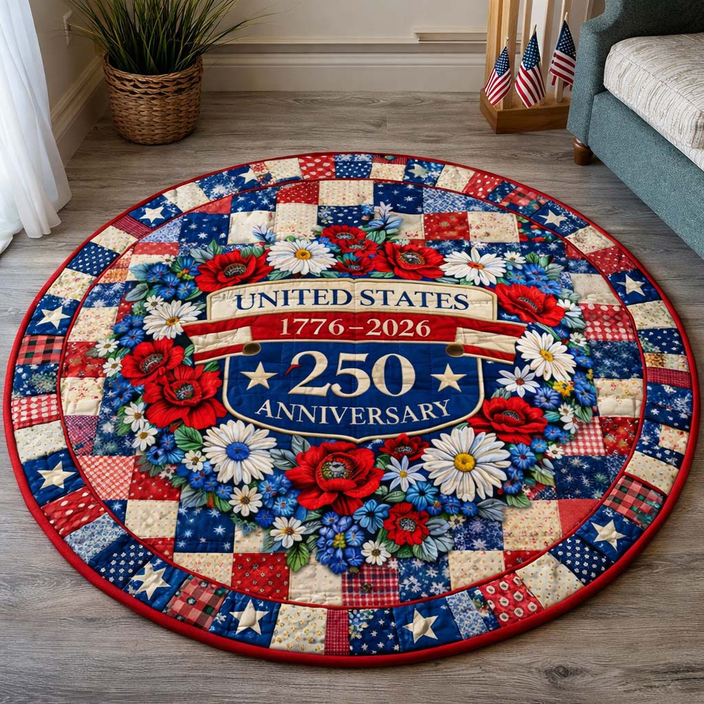 250 Years Floral Flag Quilted Round Mat Patriotic American Flag Flower Decor Gift For Her - Tradiviet