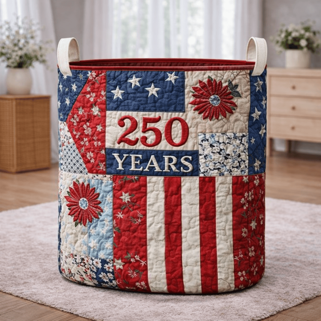 250 Years Independence Quilted Laundry Basket Patriotic USA Flag Hamper Gift For Mom - Tradiviet