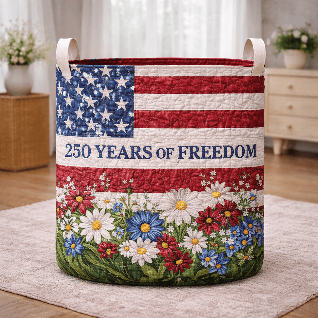 250 Years Of Freedom Floral Flag Quilted Laundry Basket Patriotic American Flag Flower Hamper - Tradiviet