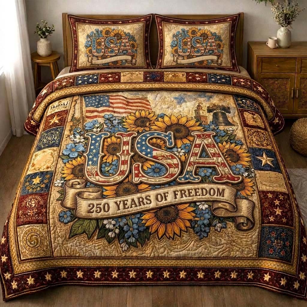 250 Years Of Freedom Quilted Bedding Set Bedroom Ideas Decorations Patriotic Gifts - Tradiviet
