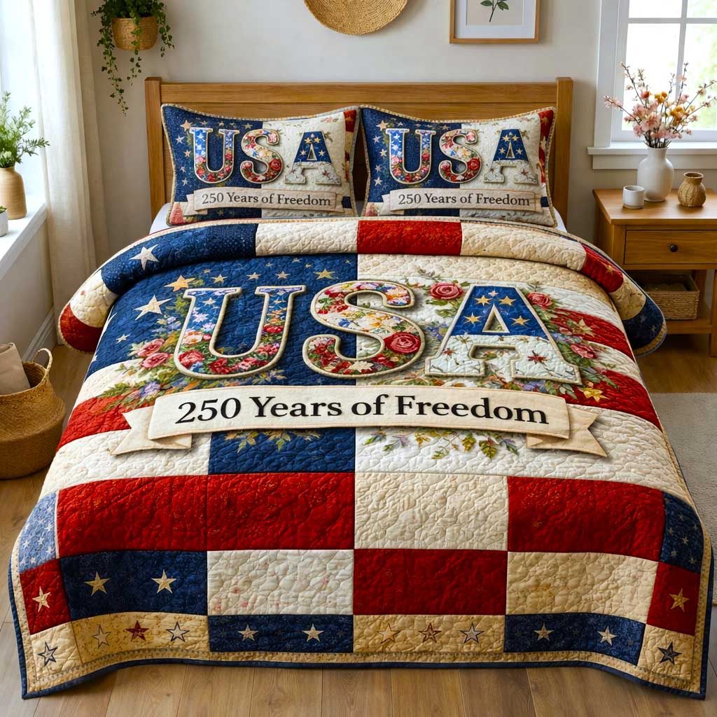250 Years Of Freedom Quilted Bedding Set Good Bedroom Decor Best Patriotic Gifts - Tradiviet