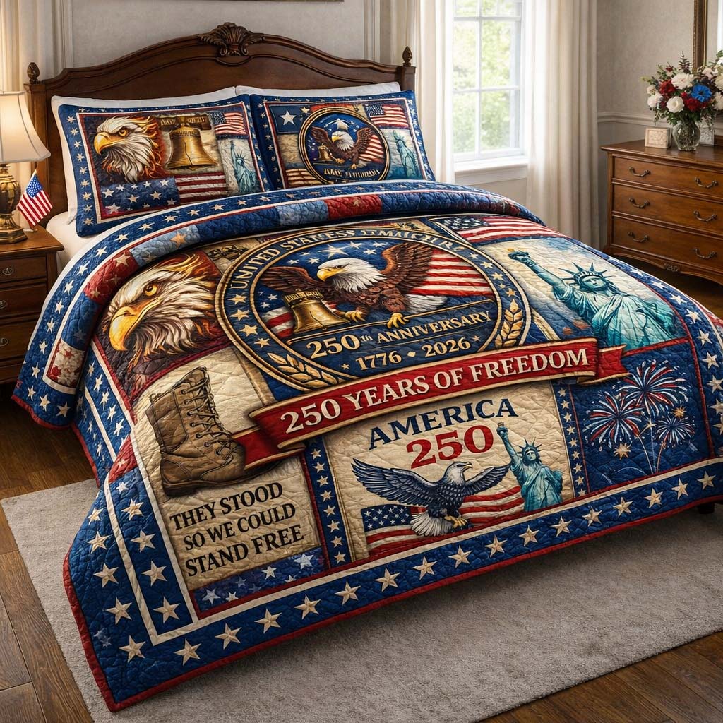 250 Years Of Freedom Quilted Bedding Set Good Bedroom Decor Unique Patriotic Gifts - Tradiviet