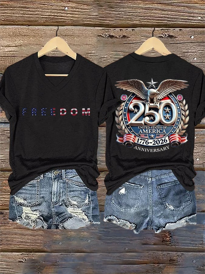 250 Years of Freedom Shirt V-Neck United States 1776 2026 Apparel Womens - Tradiviet
