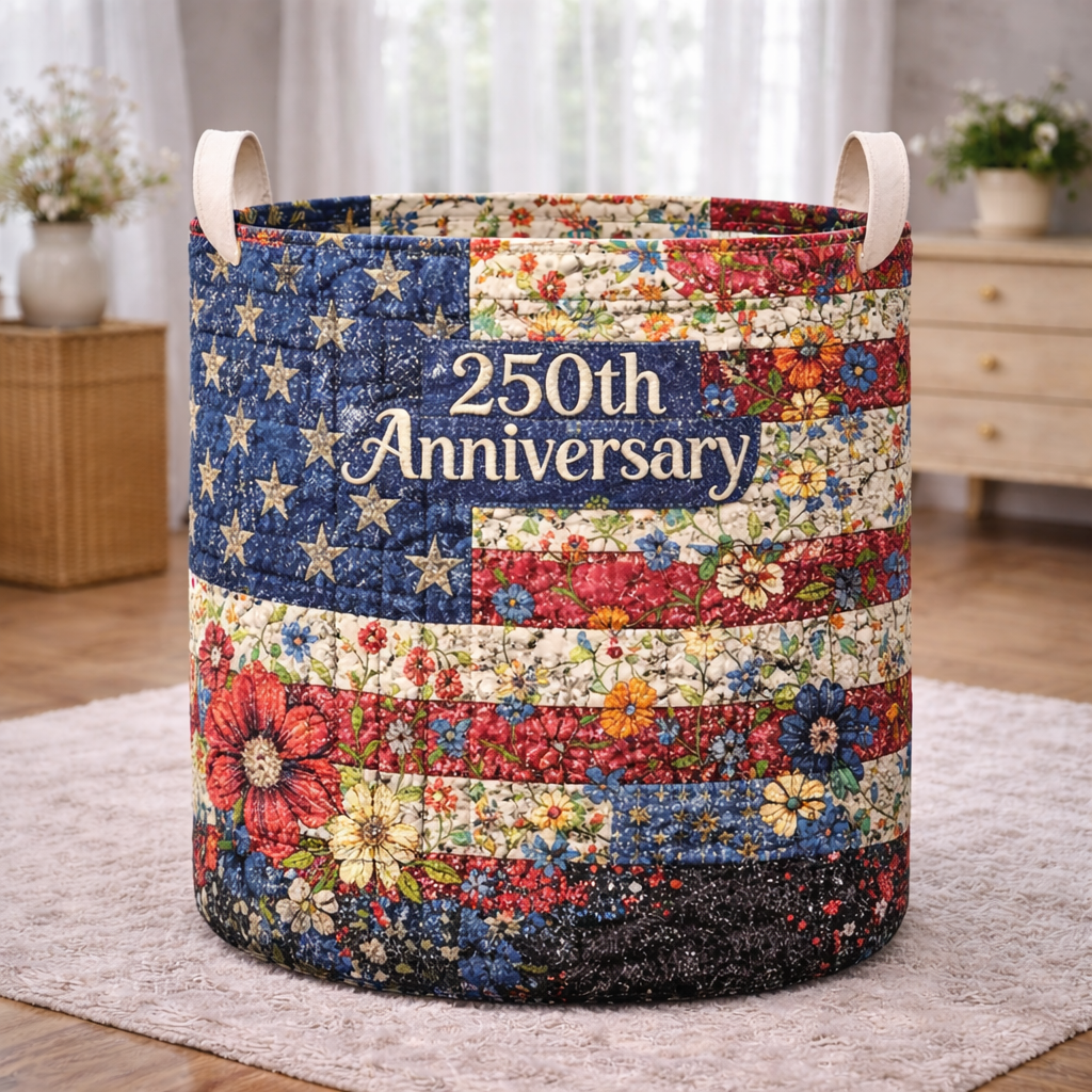 250th Anniversary Floral Quilted Laundry Basket Patriotic American Flag Clothes Hamper - Tradiviet