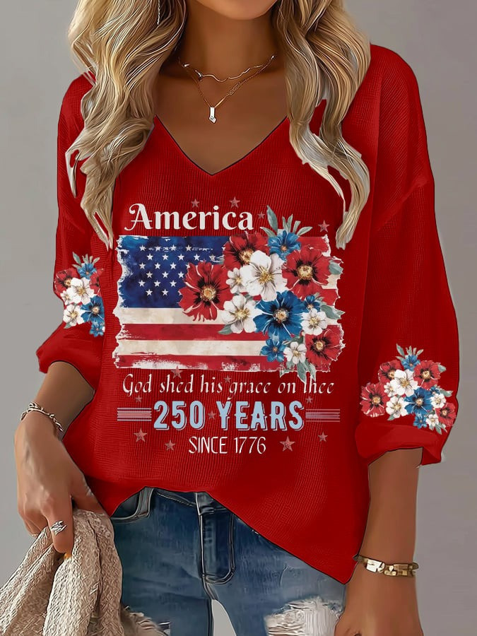 250th Anniversary Long Sleeve Shirt 1776 2026 USA Flag Print with Floral Gift for Mom - Tradiviet - Image 3