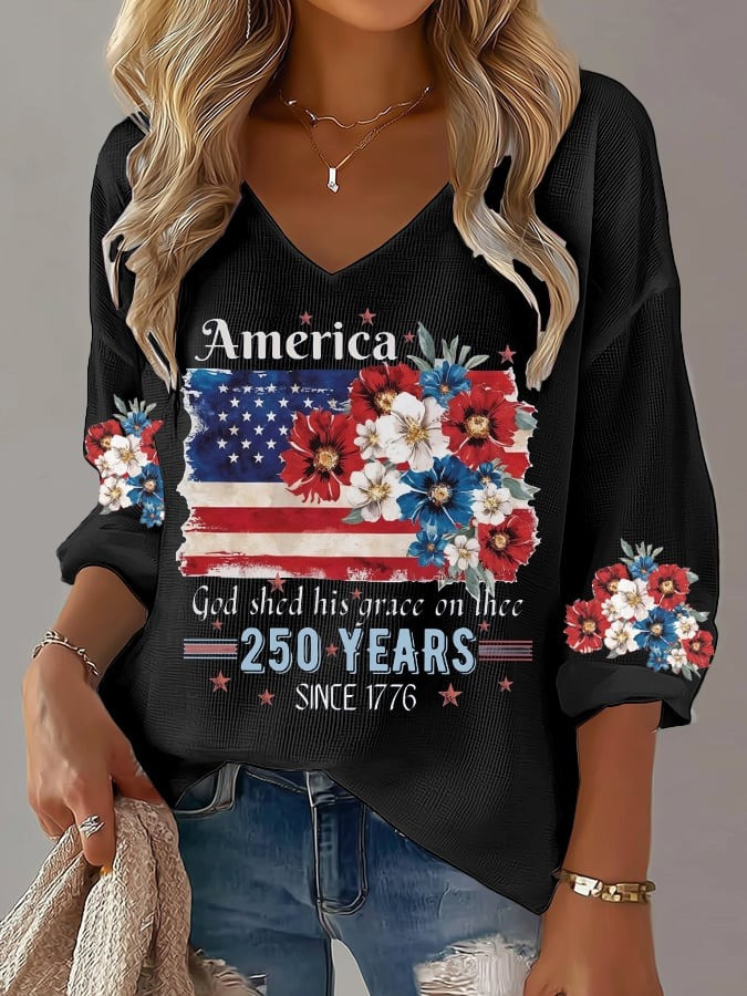 250th Anniversary Long Sleeve Shirt 1776 2026 USA Flag Print with Floral Gift for Mom - Tradiviet