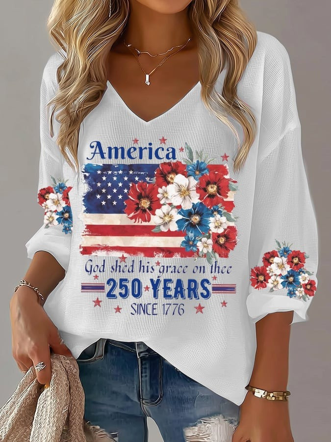 250th Anniversary Long Sleeve Shirt 1776 2026 USA Flag Print with Floral Gift for Mom - Tradiviet - Image 2