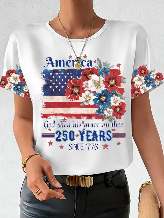 250th Anniversary Shirt American Flag Floral Print Patriotic Clothing Gift for Wife - Tradiviet - Image 2
