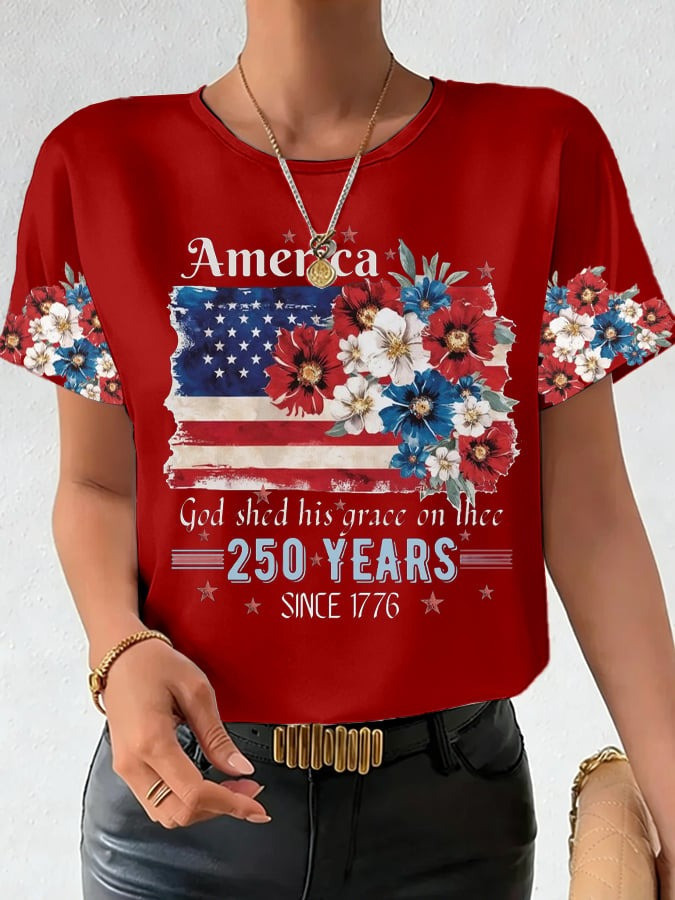 250th Anniversary Shirt American Flag Floral Print Patriotic Clothing Gift for Wife - Tradiviet - Image 4