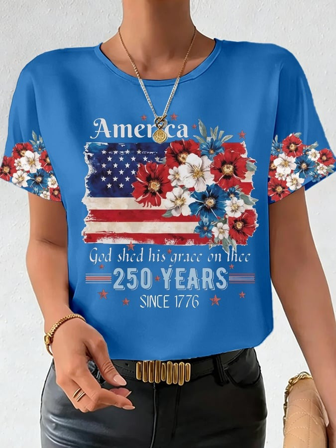 250th Anniversary Shirt American Flag Floral Print Patriotic Clothing Gift for Wife - Tradiviet - Image 3
