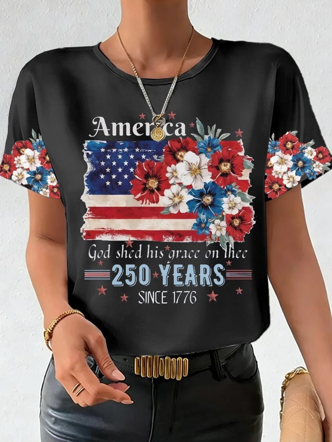 250th Anniversary Shirt American Flag Floral Print Patriotic Clothing Gift for Wife - Tradiviet